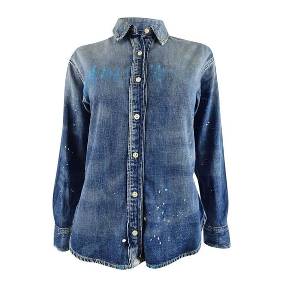 Lauren Ralph Lauren Women's Plus Paint Splatter Print Shirt Blue Size 3X